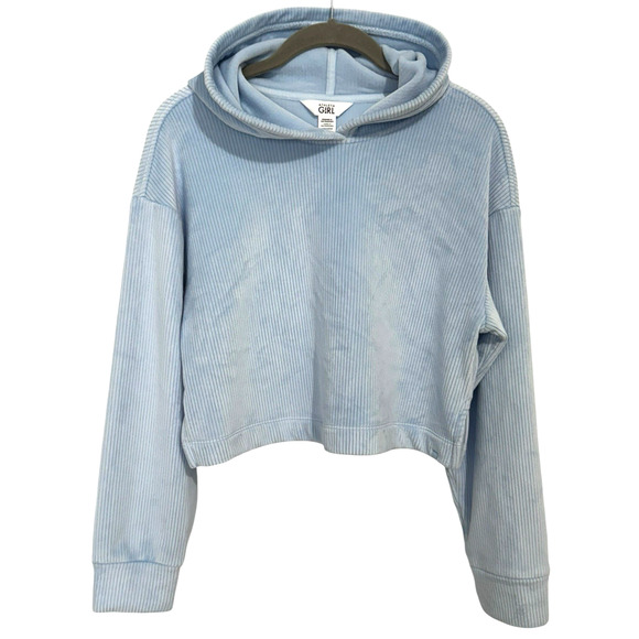 Athleta Girl XL Double Cozy Karma Ribbed Hoodie Cropped Mist Blue Heather Velour - Picture 1 of 7